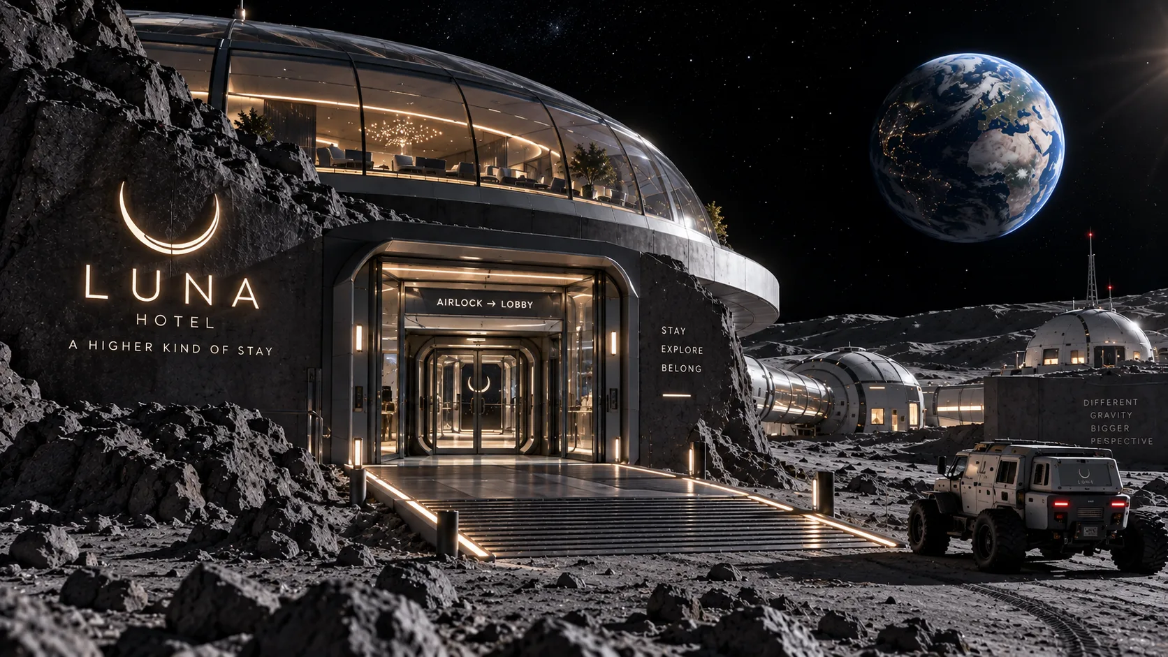Luna Hotel in einer Mondlandschaft mit Blick auf die Erde